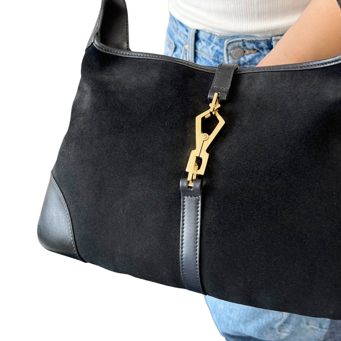 Gucci Vintage Bamboo Top Hobo Shoulder Bag Black Gold Suede Leather 106544