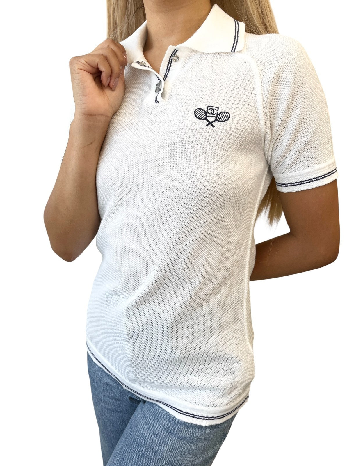 CHANEL Sport Vintage 05P CC Logo Polo T-shirt Top #38 Tennis Racket White Blue
