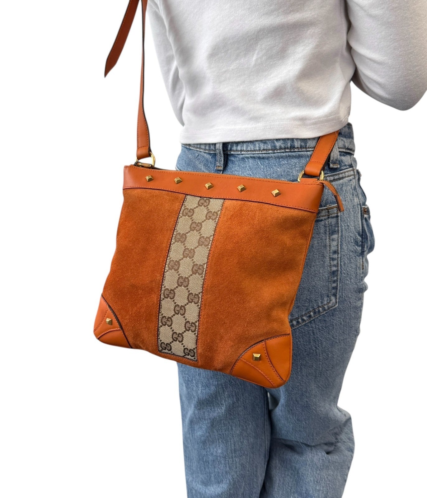 GUCCI Vintage GG Monogram Crossbody Bag Orange Suede Canvas Leather Nailhead