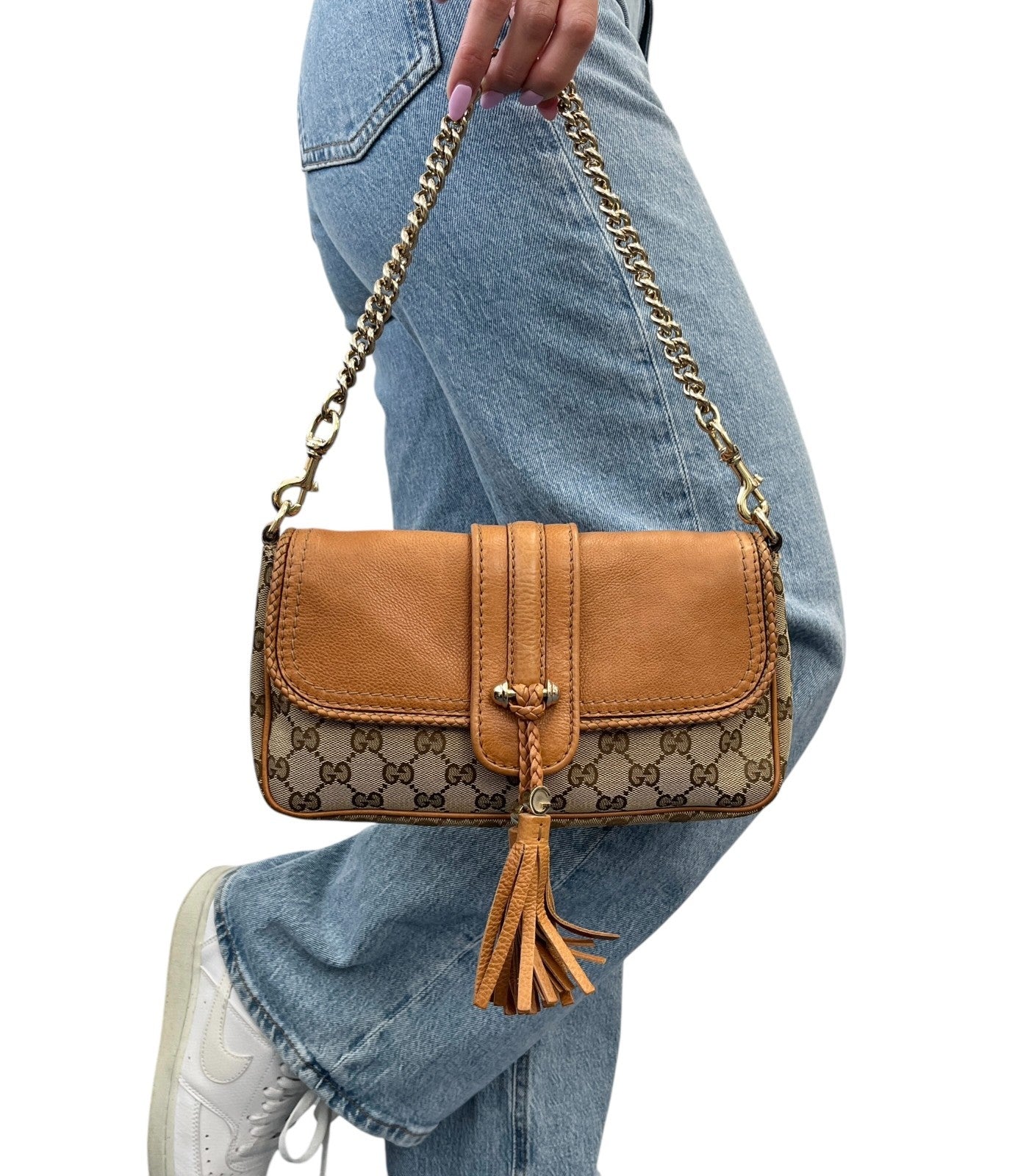 GUCCI Vintage GG Monogram Logo Chain Shoulder Bag Fringe Brown Beige Gold