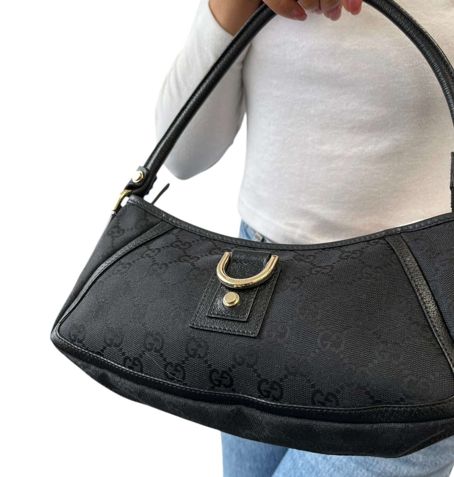 GUCCI Vintage GG Monogram Logo Abbey Shoulder Bag Zip Black Gold Canvas Leather