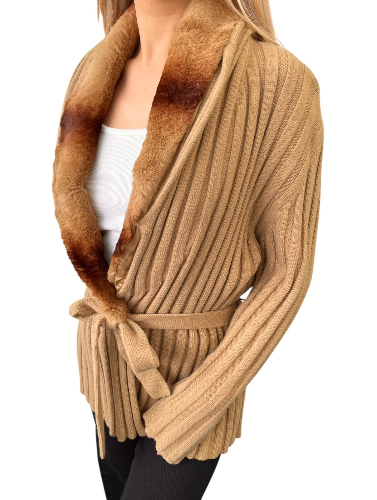 FENDI Vintage Fur Knit Rib Cardigan Jacket #46 Belt Beige Brown Wool