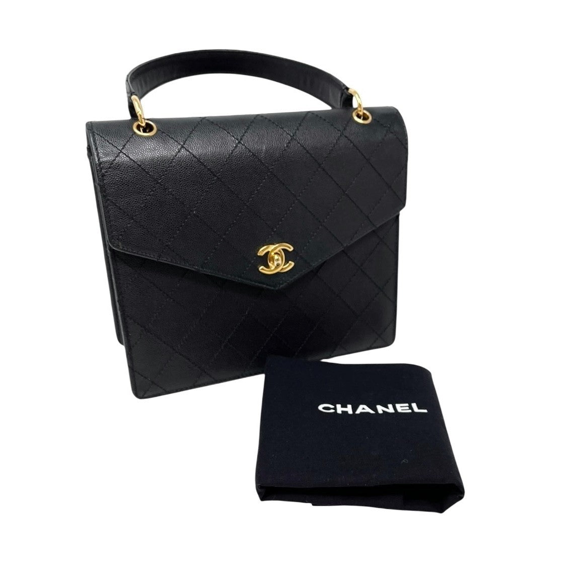 CHANEL Vintage CC Logo Turnlock Quilted Top Handle Bag Black Gold Leather