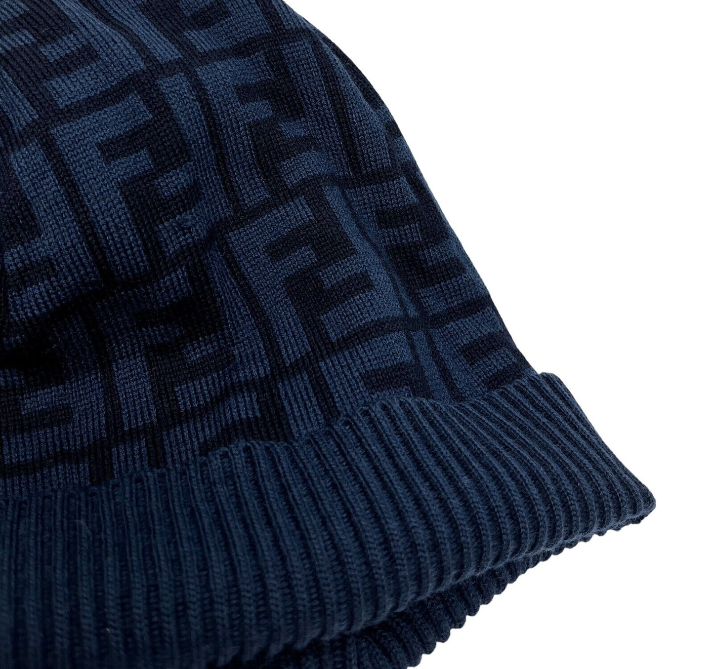 FENDI Vintage Zucca Monogram Logo Beanie Hat Knit Dark Blue Black Wool