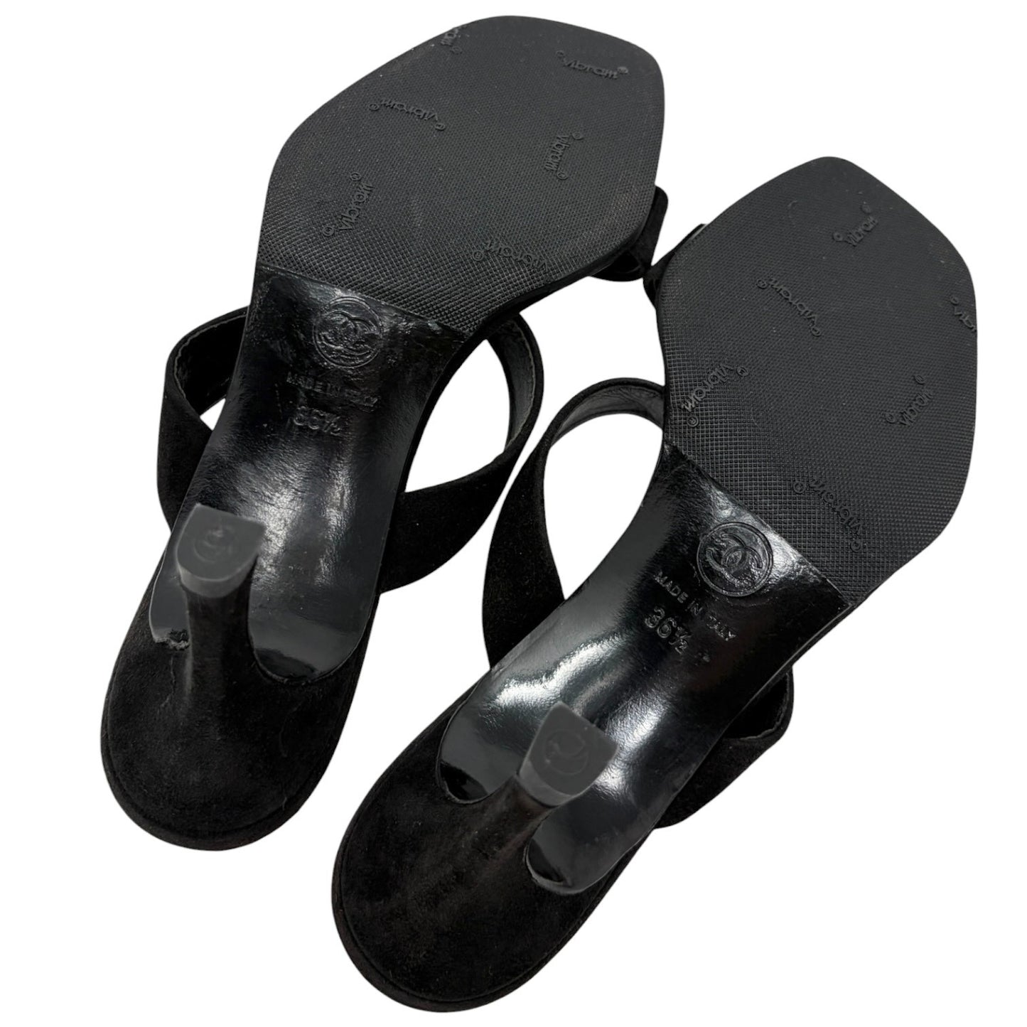 CHANEL Vintage CC Logo Slide Sandals Heels #36.5 Black Silver Suede 901840