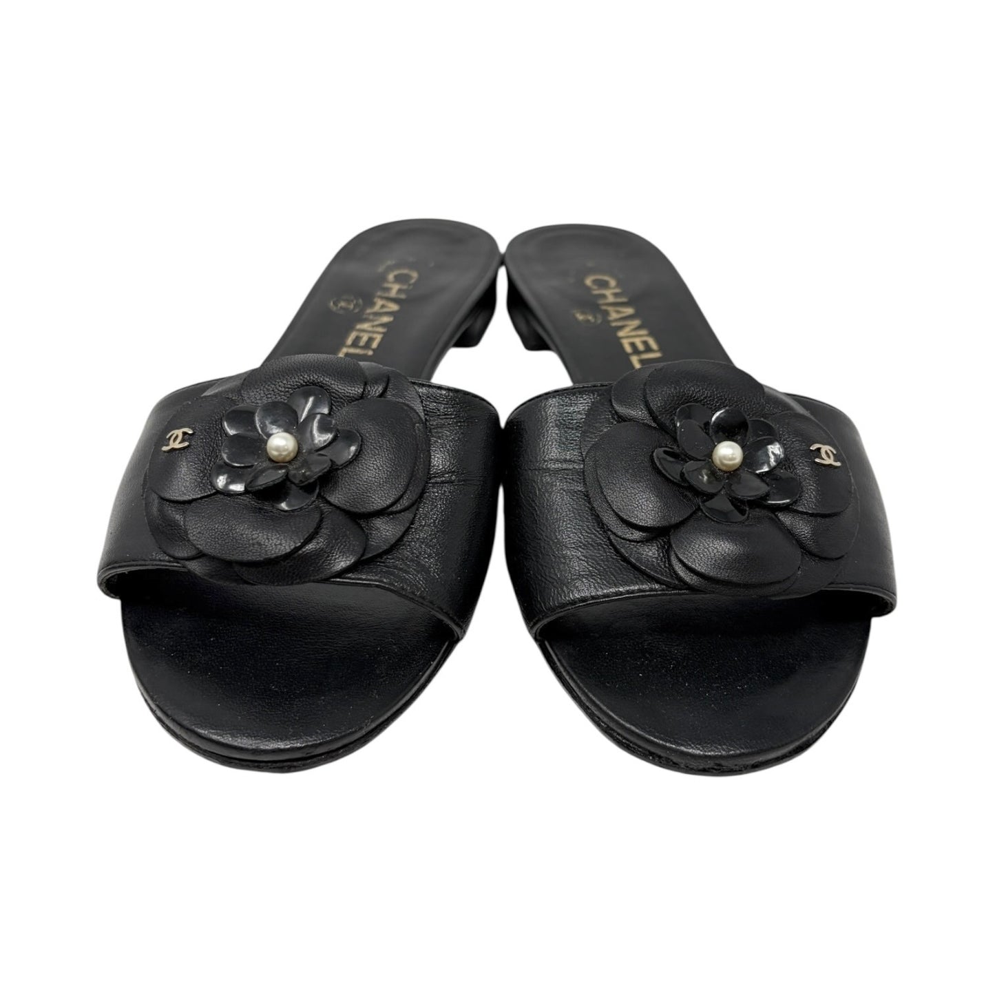 CHANEL Vintage CC Logo Camellia Leather Flat Slide Sandals #36.5 Black