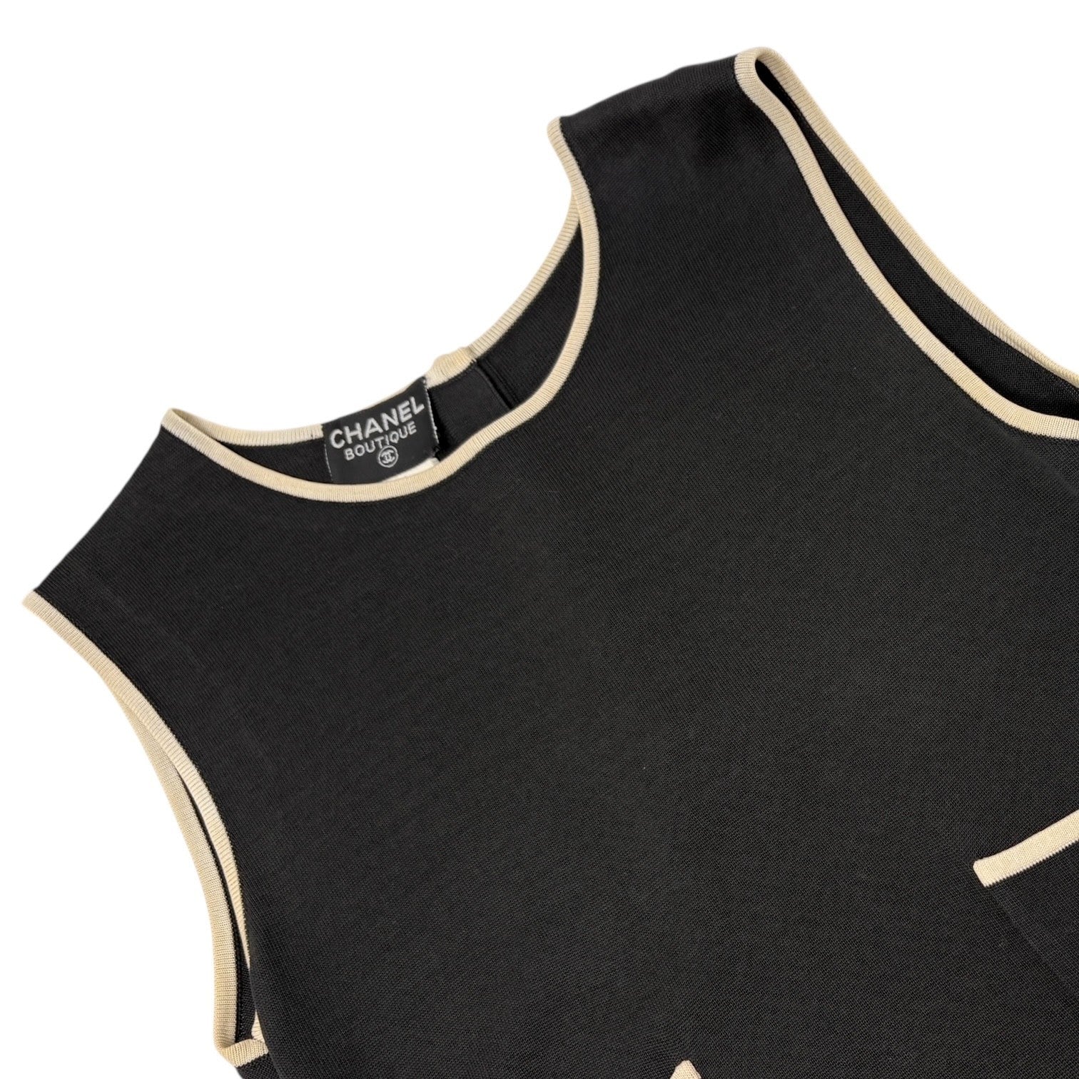 CHANEL Vintage 96C CC Mark Button Long One-piece Dress #40 Black Cream Cotton