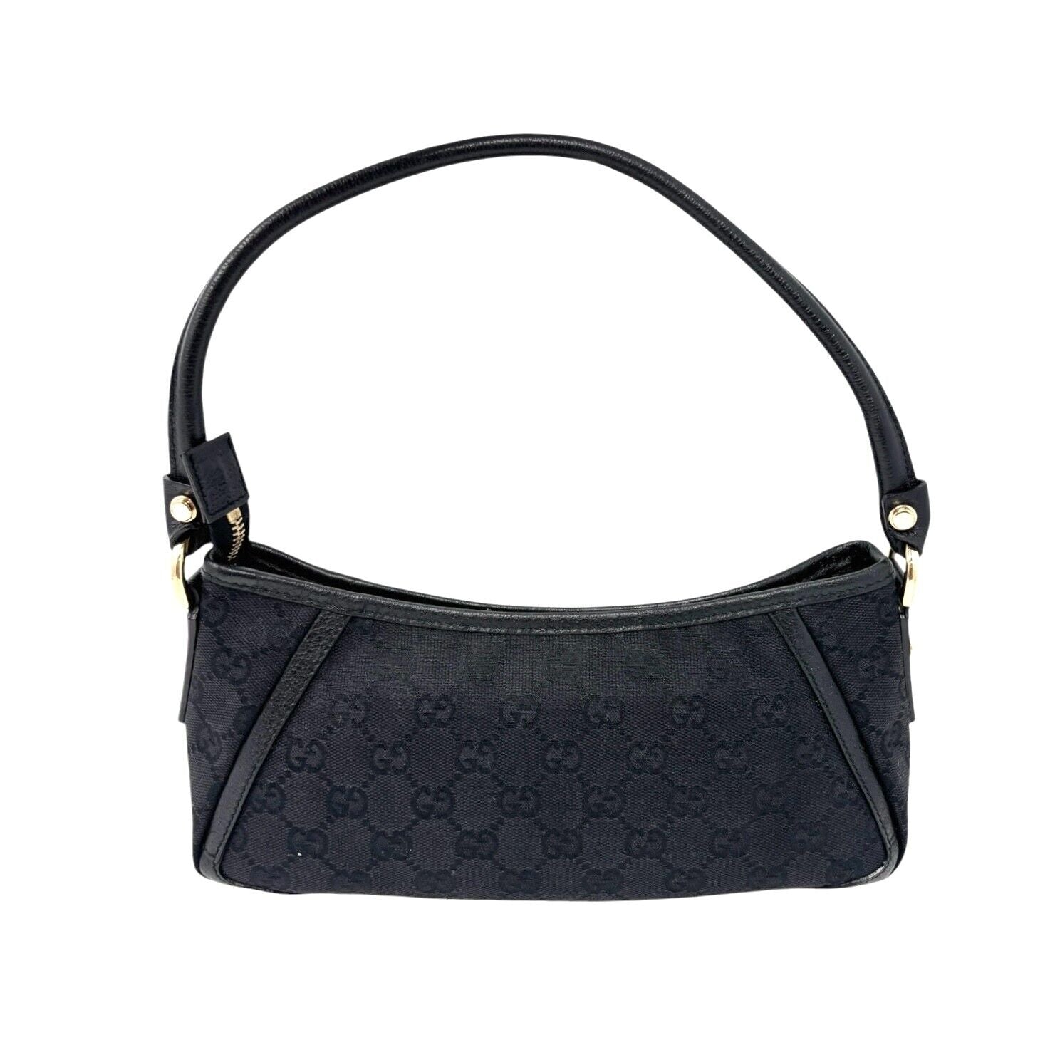 GUCCI Vintage GG Monogram Logo Abbey Shoulder Bag Zip Black Gold Canvas Leather