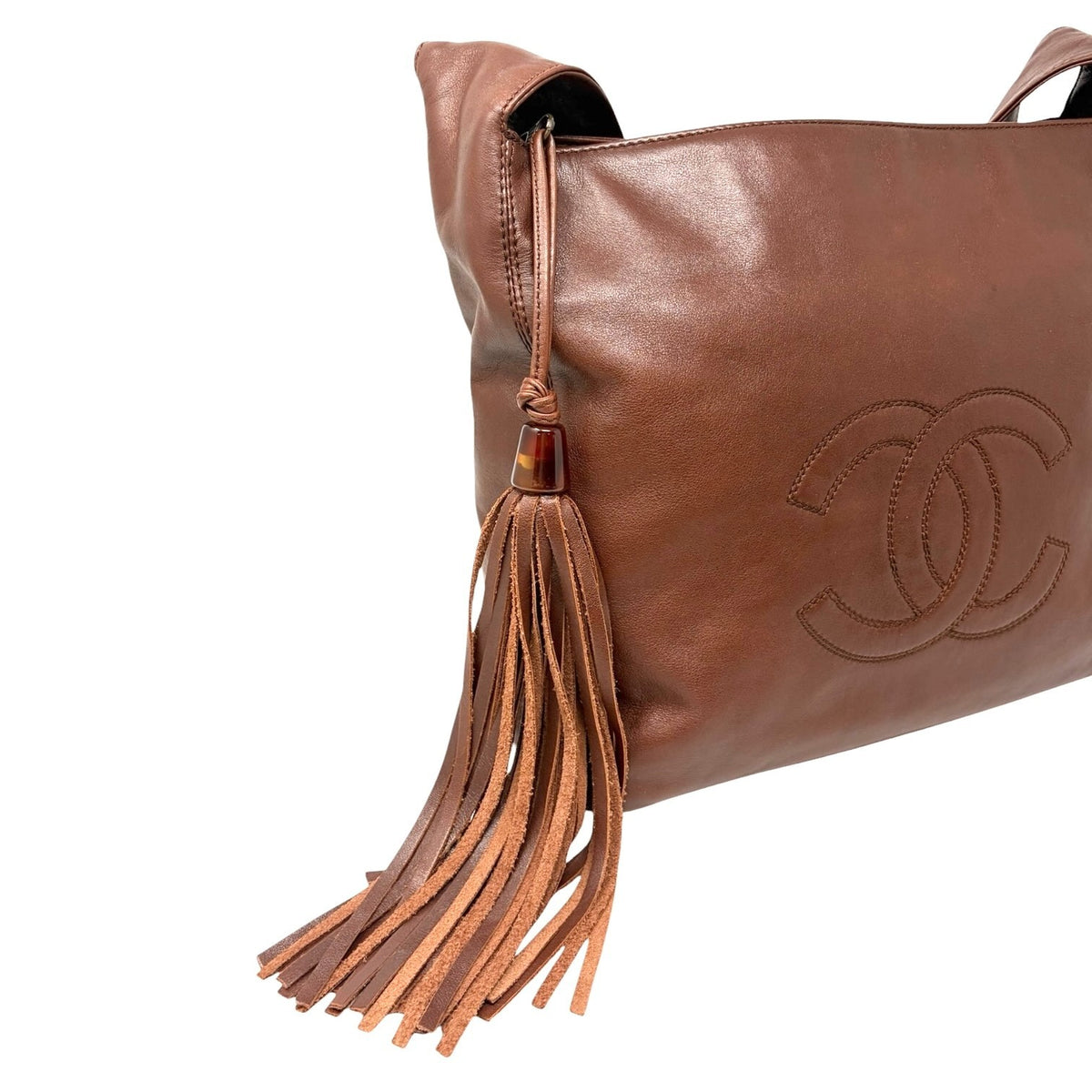 CHANEL Vintage CC Logo Stitch Tassel Shoulder Crossbody Bag Brown 902921