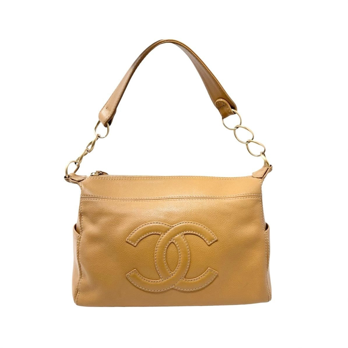 CHANEL Vintage Big CC Logo Leather Shoulder Hobo Bag Beige Gold Stitch Chain
