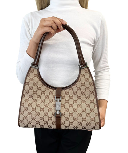 GUCCI Vintage Jackie GG Monogram Shoulder Bag Beige Brown Canvas 902460