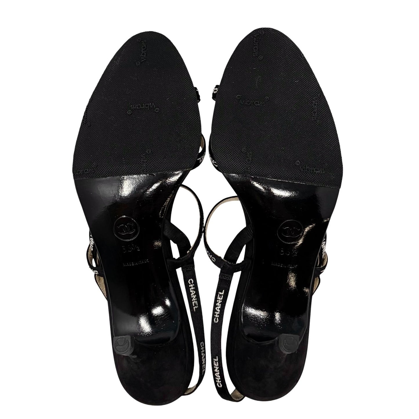 CHANEL Vintage 96C Logo Satin Ribbon Sandals Heels #36.5 Black White 902561