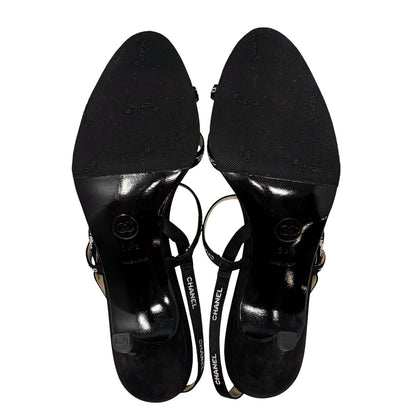 CHANEL Vintage 96C Logo Satin Ribbon Sandals Heels #36.5 Black White 902561