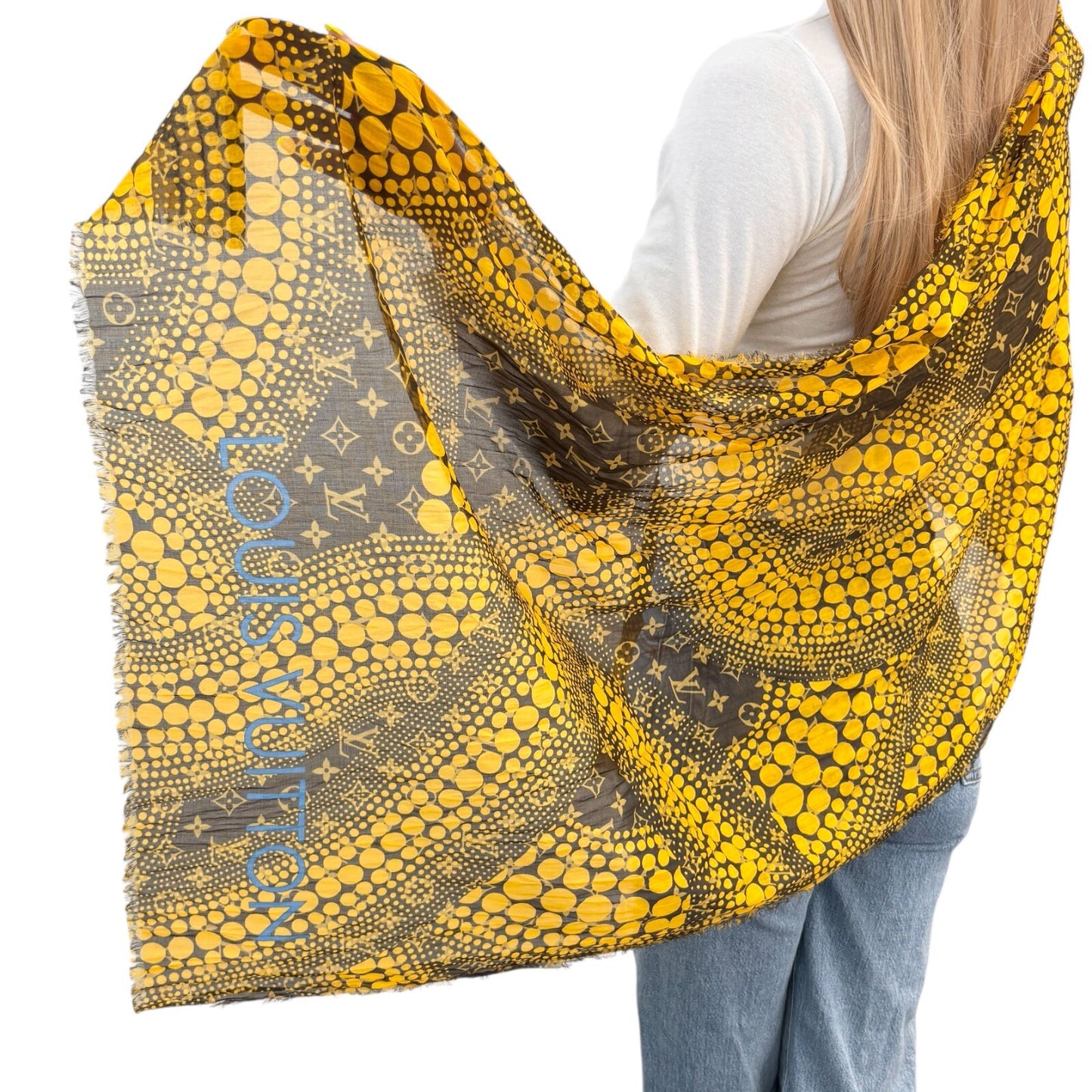 LOUIS VUITTON Vintage LV Logo Monogram Scarf Wrap Shawl Accessory Yellow Dot