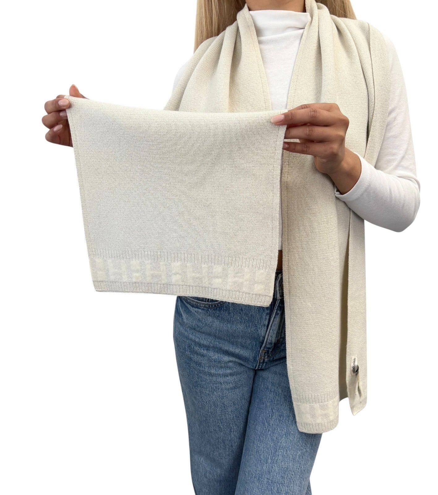 HERMES Vintage H Logo Cashmere Scarf Wrap Shawl White Silver Lurex