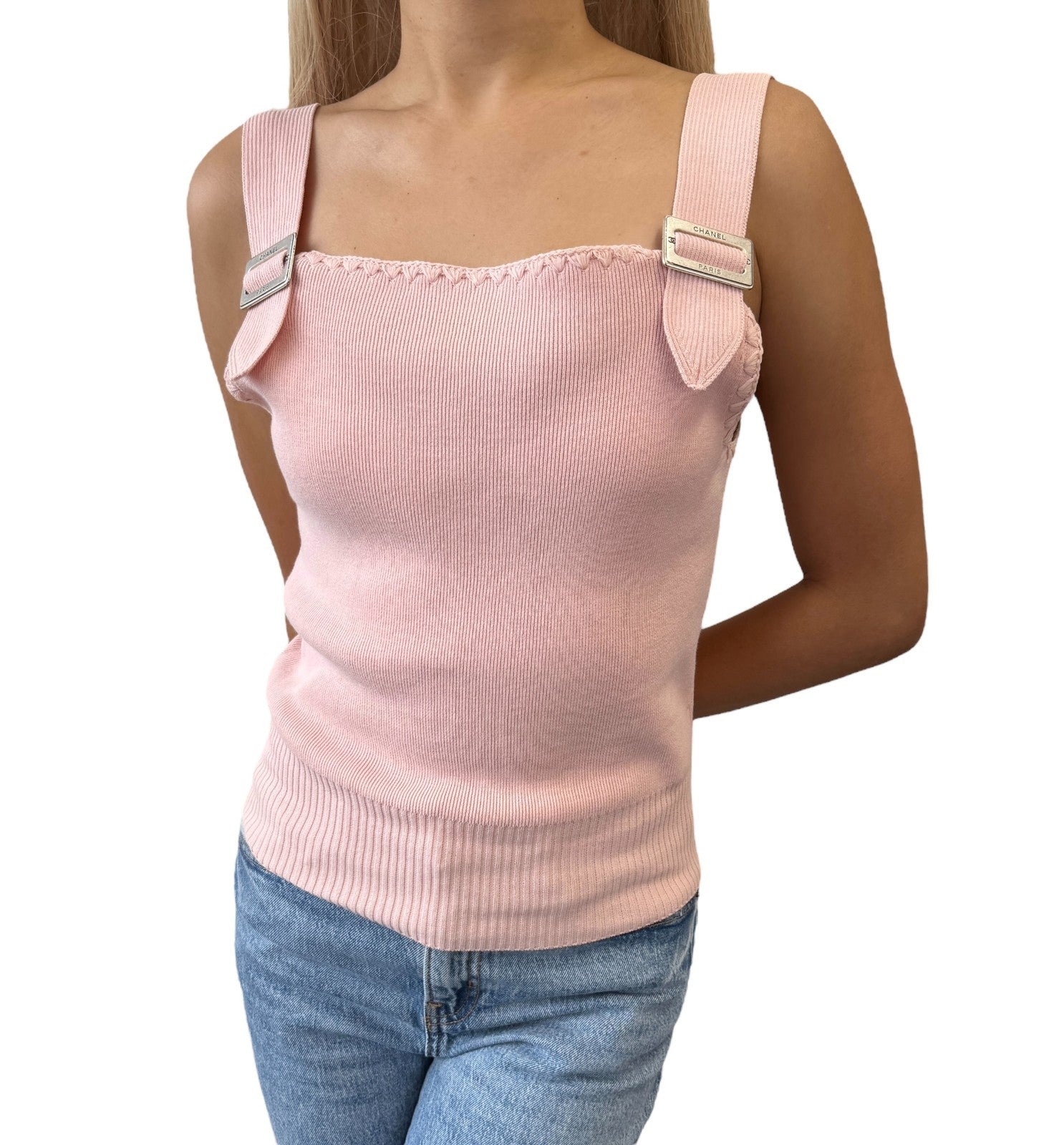 CHANEL Vintage 05C CC Logo Ribbed Knit Tank Top #38 Pink Cotton Camisole