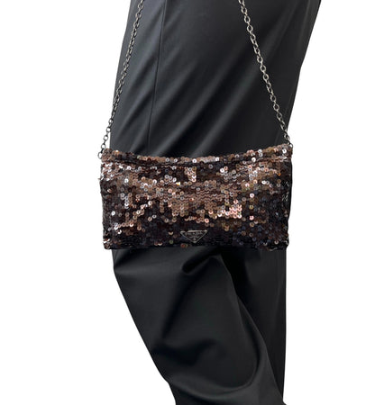 PRADA Vintage Triangle Logo Sequins Shoulder Bag Pochette Handbag Brown 902281