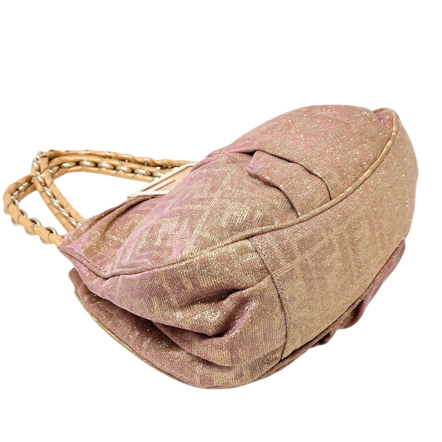 FENDI Vintage FF Logo Zucca Monogram Shoulder Bag Glitter Pink Beige Cotton