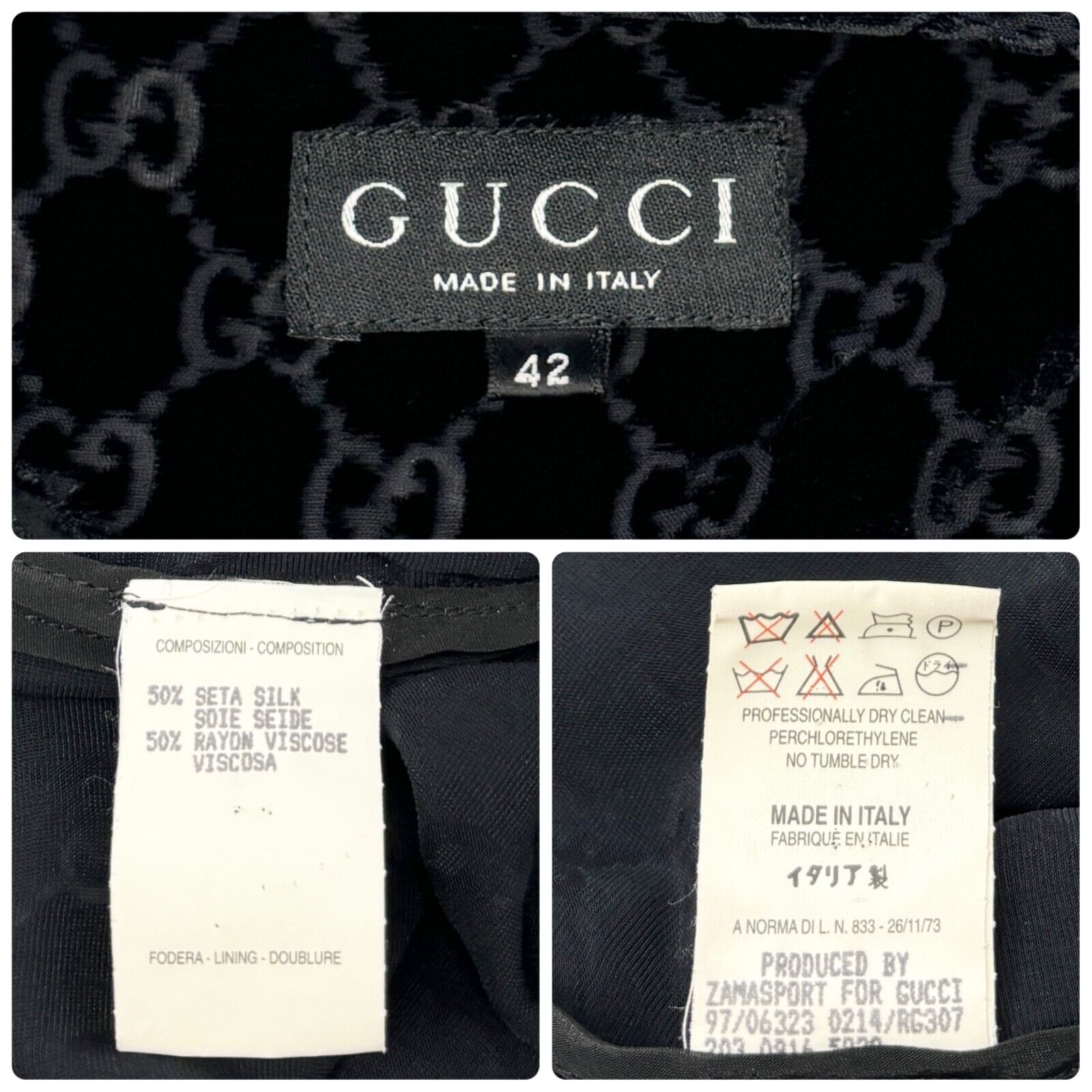 GUCCI Vintage GG Monogram Logo Velour Shirt #42 Blouse Top Black Rank AB