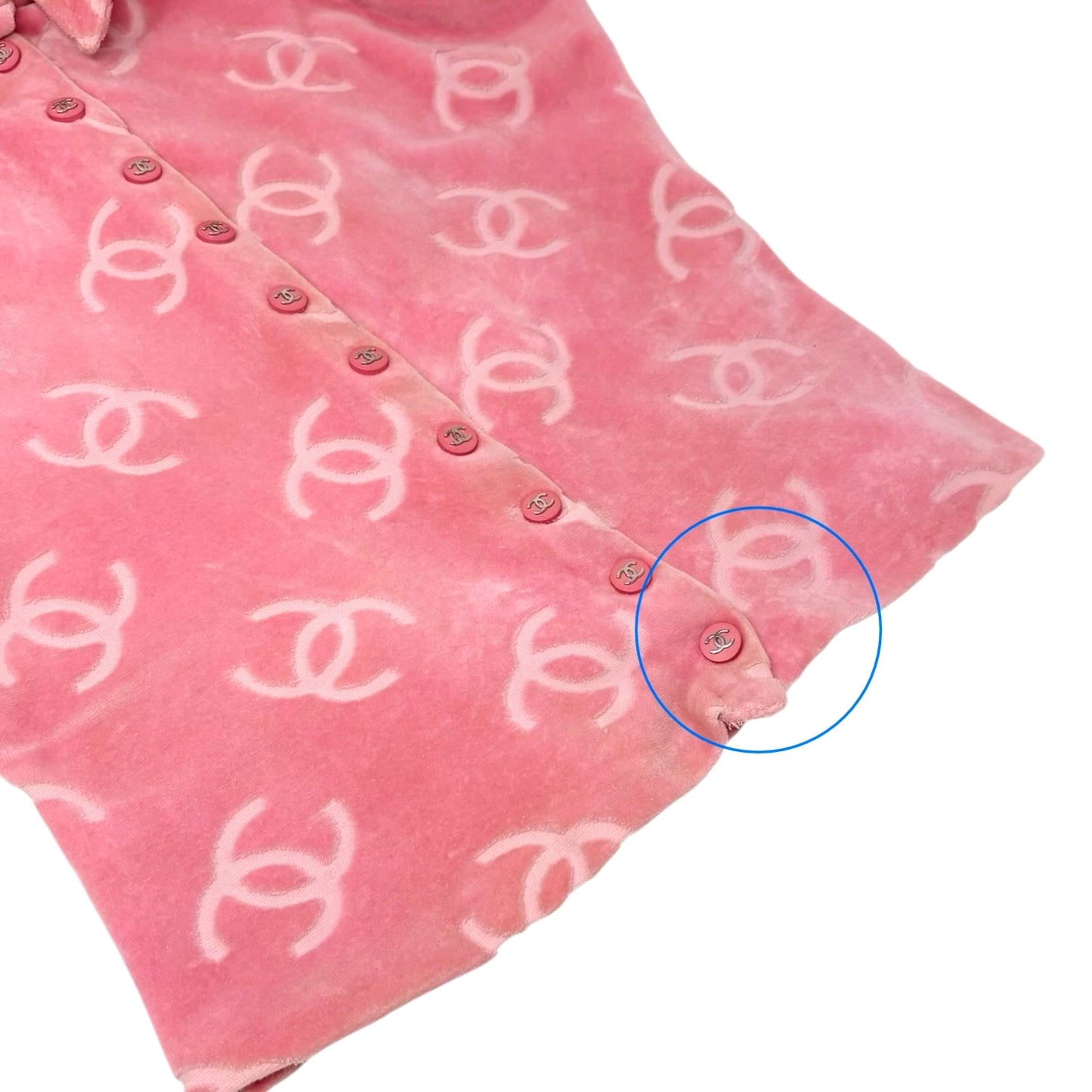 CHANEL Vintage 96A CC Logo Snap Button Velour Shirt Top #40 Pink Cotton