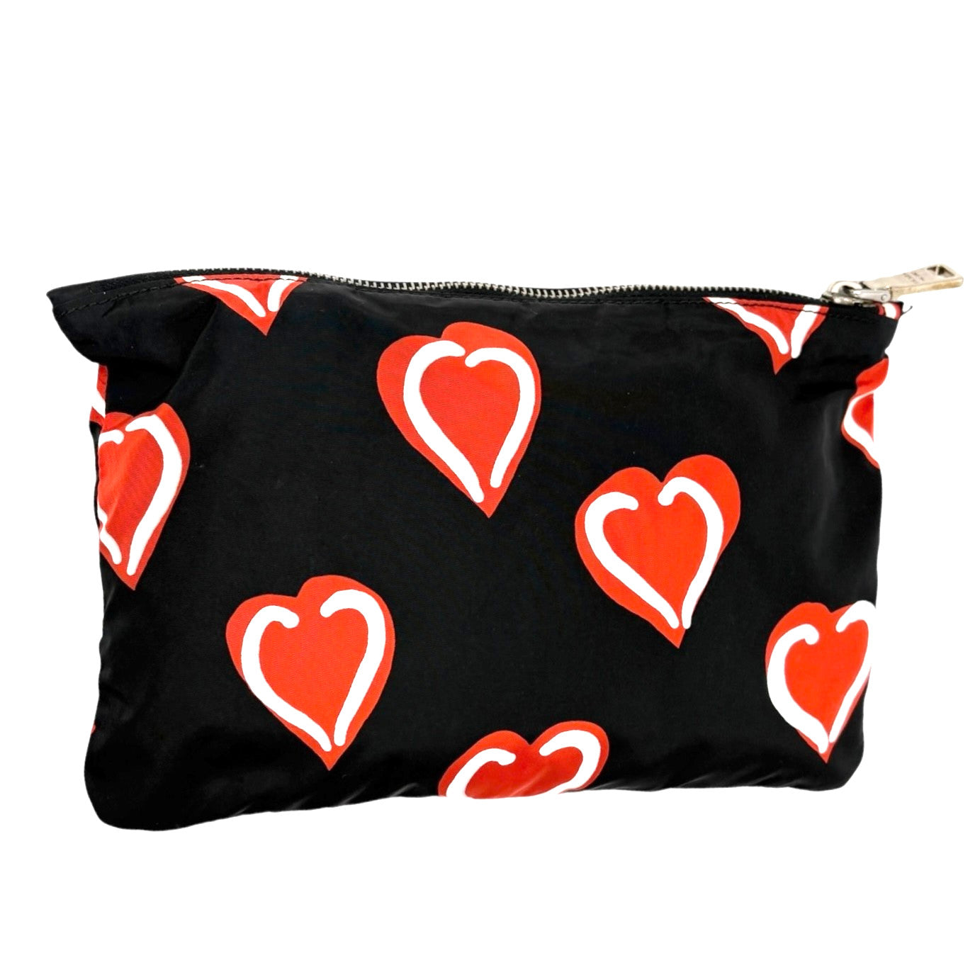 PRADA Vintage Logo Heart Pattern Print Tote Bag Handbag Pouch Black Red Nylon