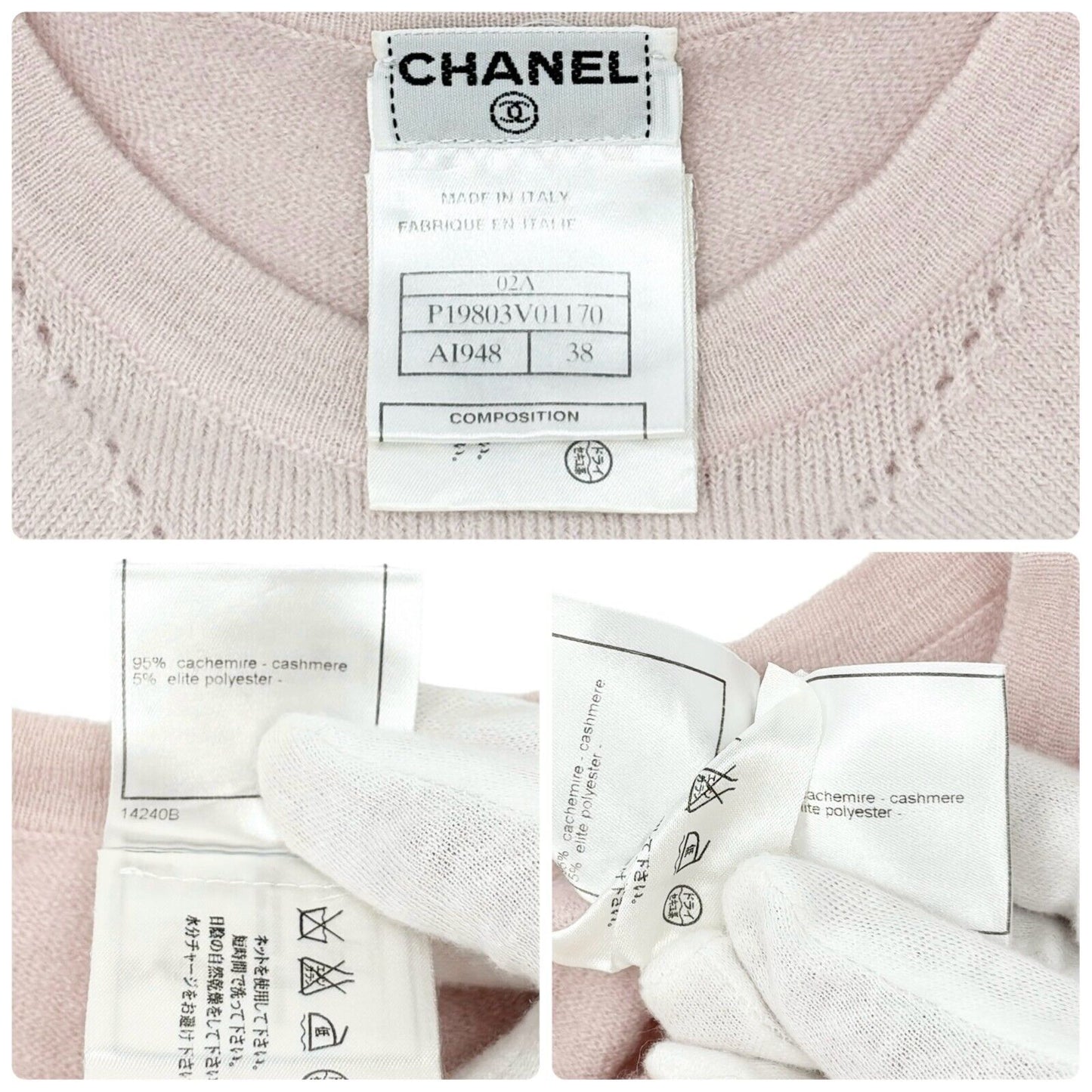 CHANEL Vintage 02A CC Mark Logo Knit T-shirt #38 Top Light Pink Cashmere Rank AB