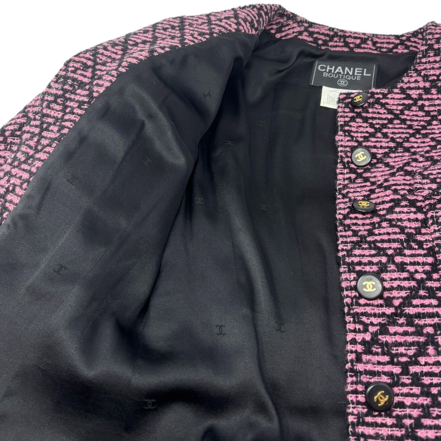 CHANEL Vintage 95A CC Logo Tweed Jacket #38 Pink Black Button Cotton Pocket