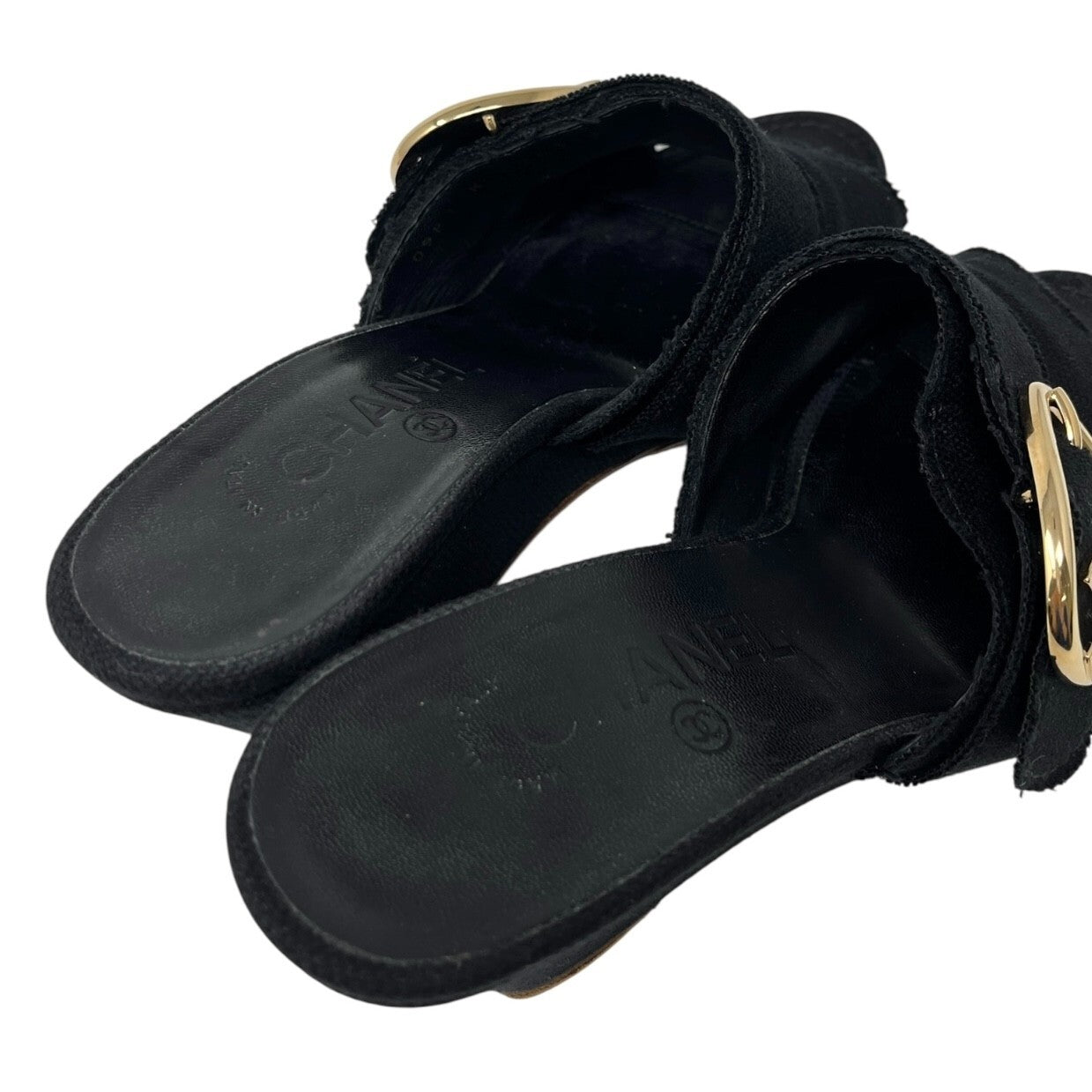 CHANEL Vintage CC Mark Logo Sandals Heart Buckle #36.5-37 Black Gold Cotton