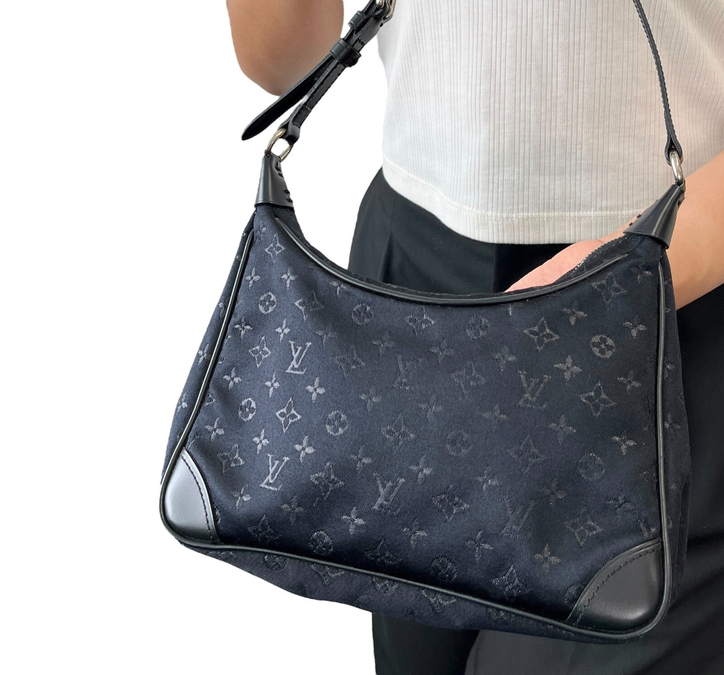 LOUIS VUITTON Vintage LV Monogram Little Boulogne Mini Shoulder Bag Black Satin