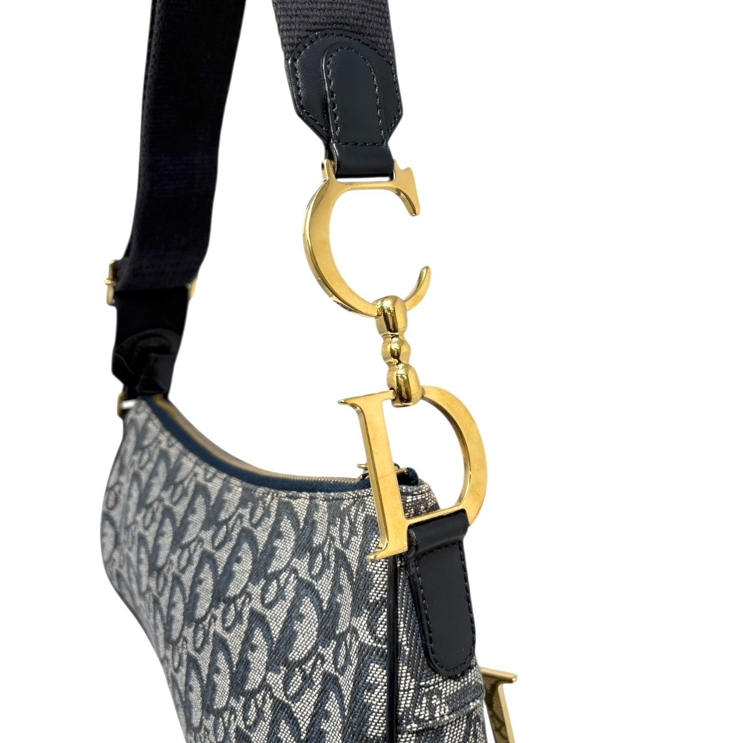 Christian Dior Vintage 2004 Trotter Monogram Saddle Bag Dark Blue Gold Canvas