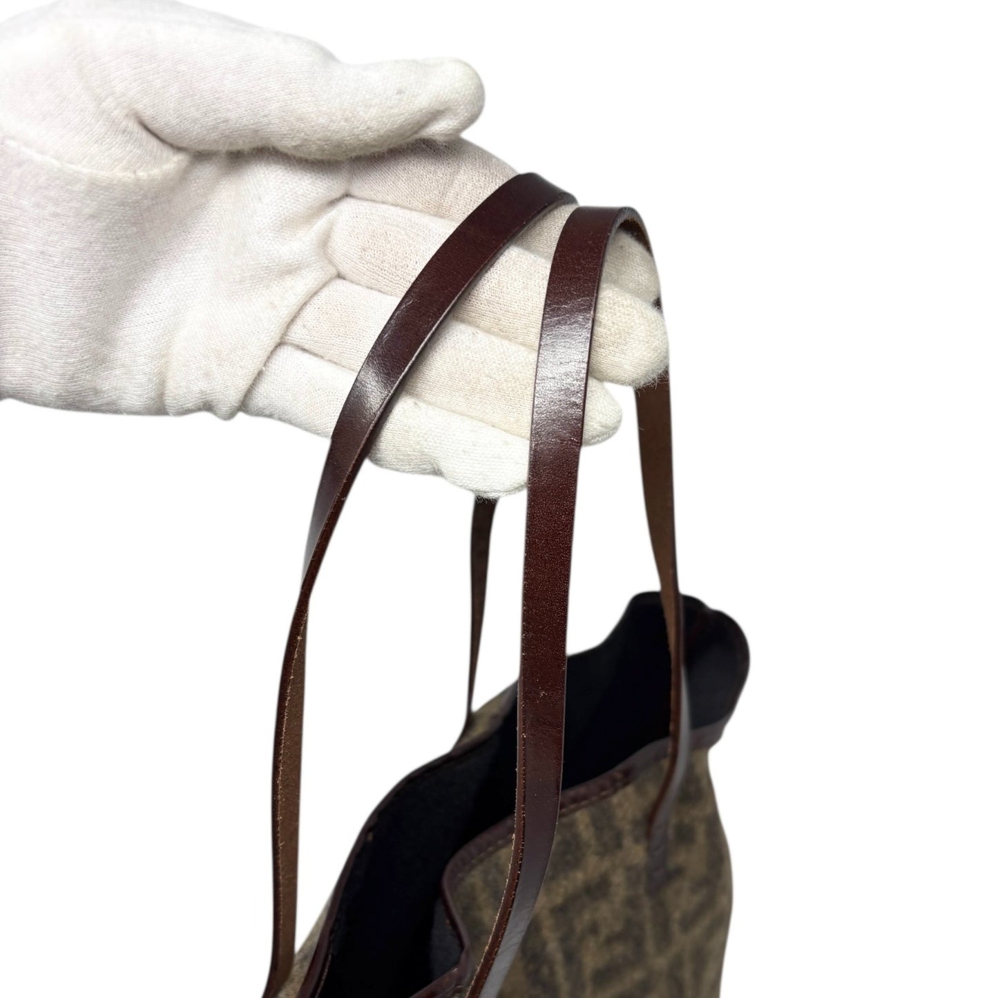 FENDI Vintage Zucca Monogram Knit Wool Tote Shoulder Bag Leather Pouch Brown