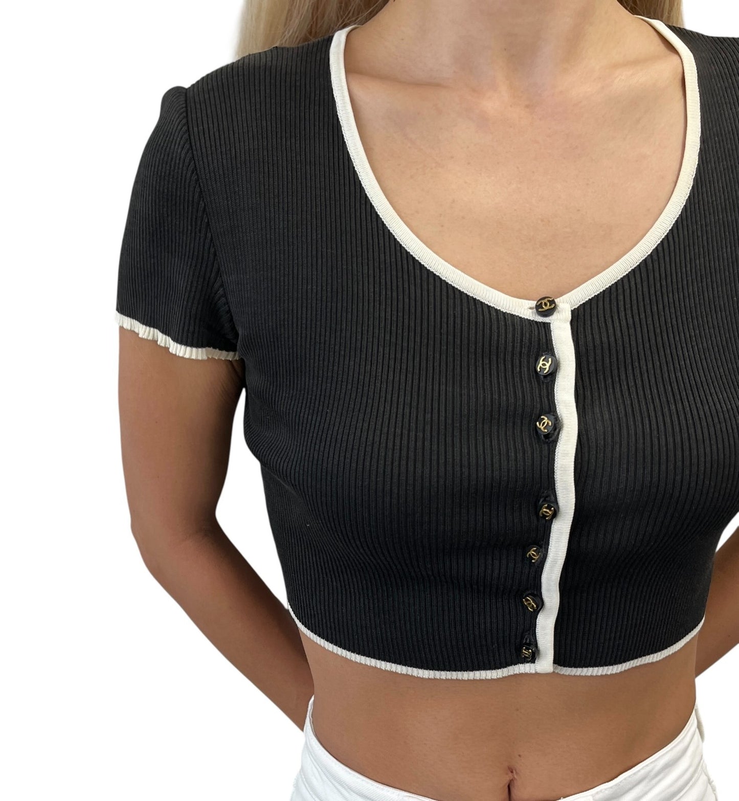 CHANEL Vintage 95P CC Logo Button Knit Cropped Ribbed T-shirt Top #42 Black
