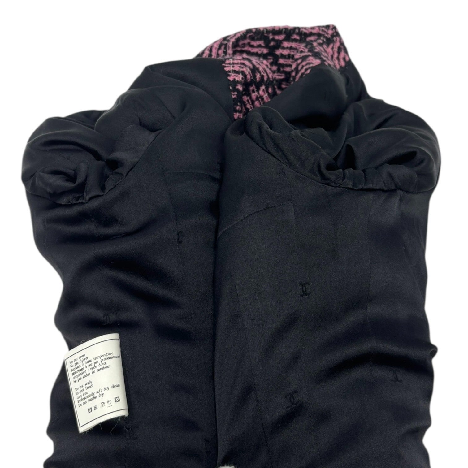 CHANEL Vintage 95A CC Logo Tweed Jacket #38 Pink Black Button Cotton Pocket