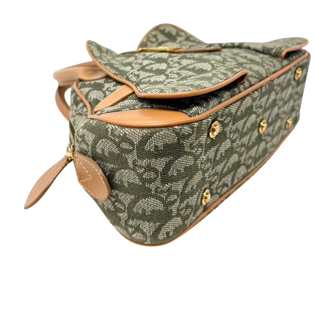 Christian Dior Vintage 2001 Logo Trotter Double Saddle Bag Green Beige Cotton