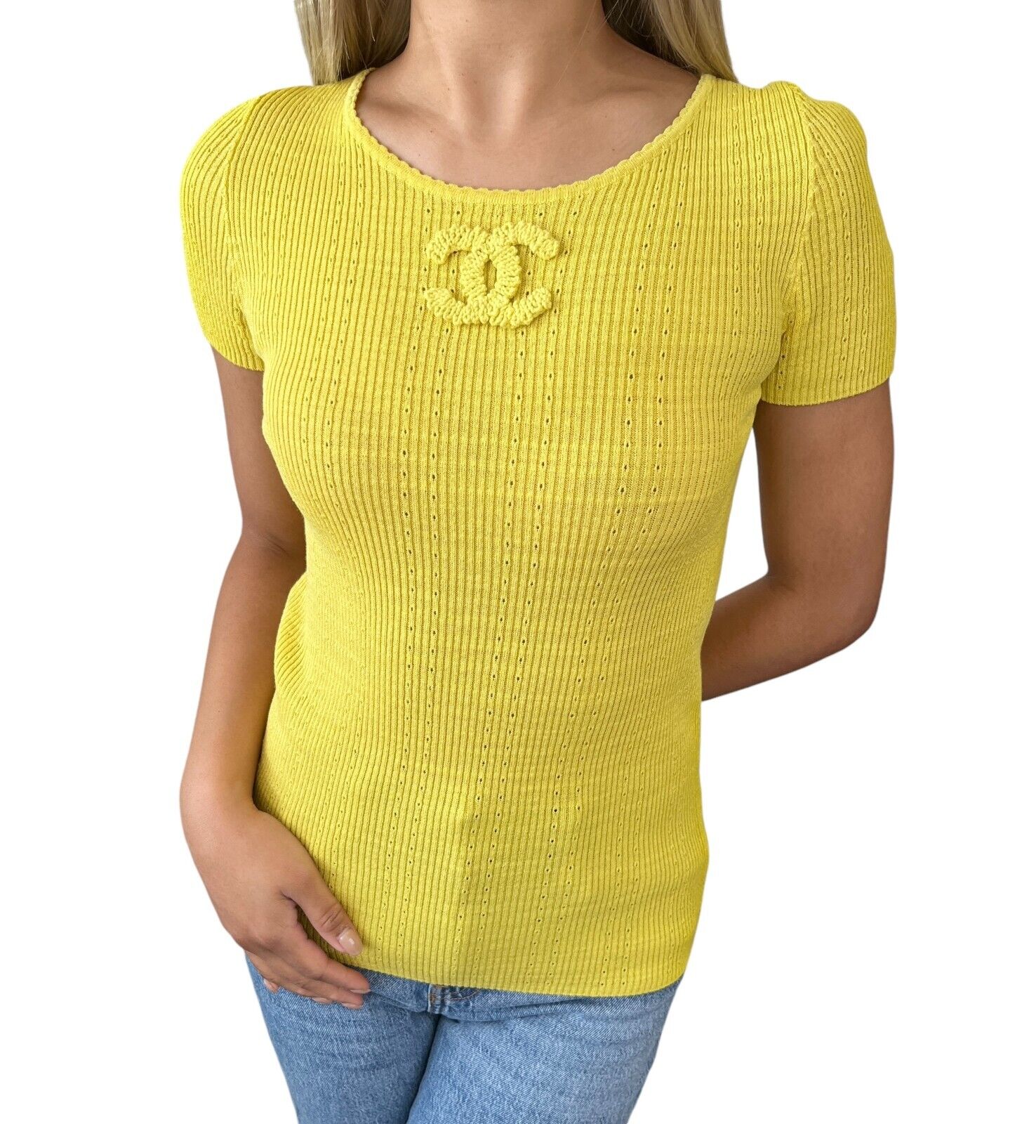 CHANEL 09P Vintage CC Logo Summer Knit Top #34 Yellow Cotton Rank AB+