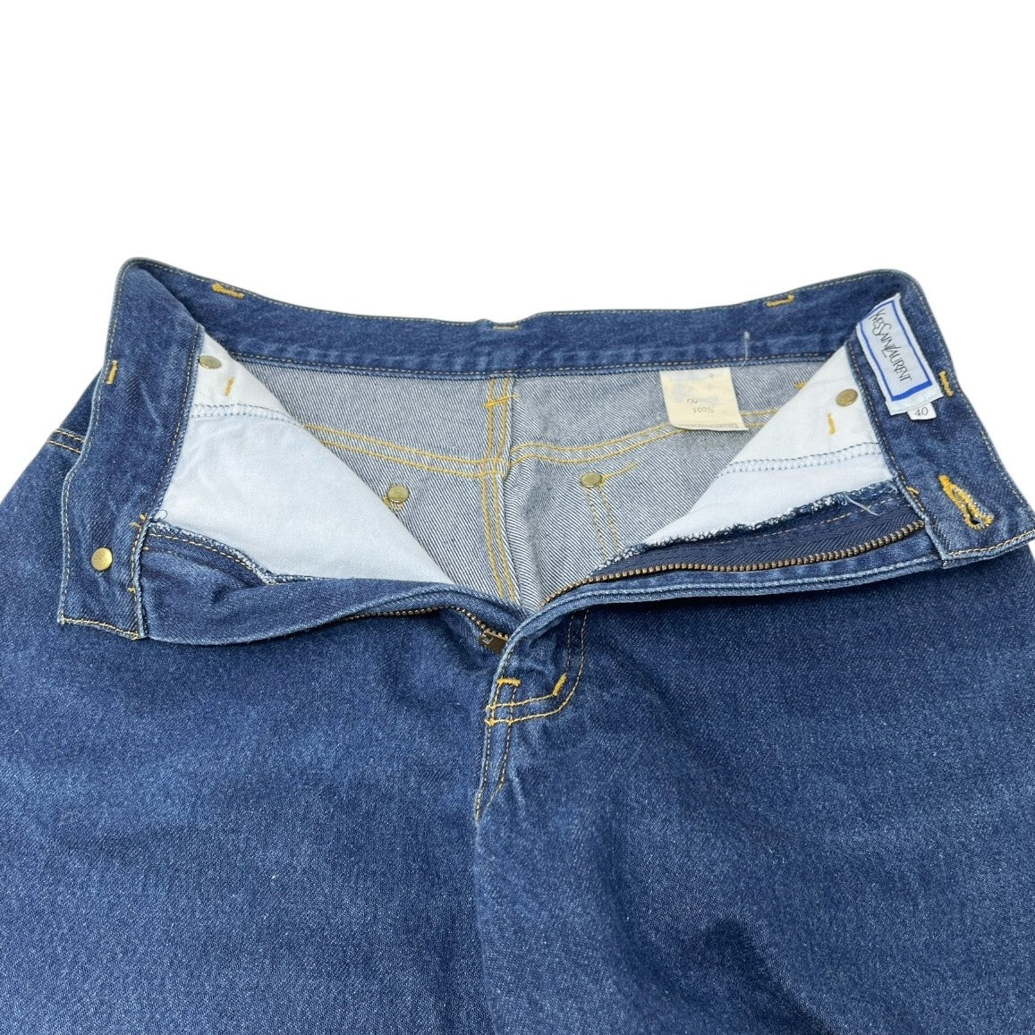 Yves Saint Laurent Vintage YSL Logo Denim Cropped Pants #40 Blue Gold Cotton