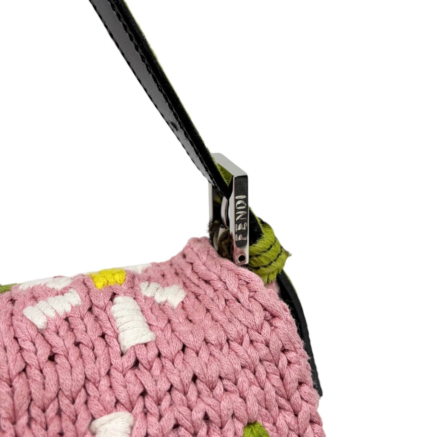 FENDI Vintage Mamma Baguette Crochet Shoulder Bag Flower Pink Wool 901957