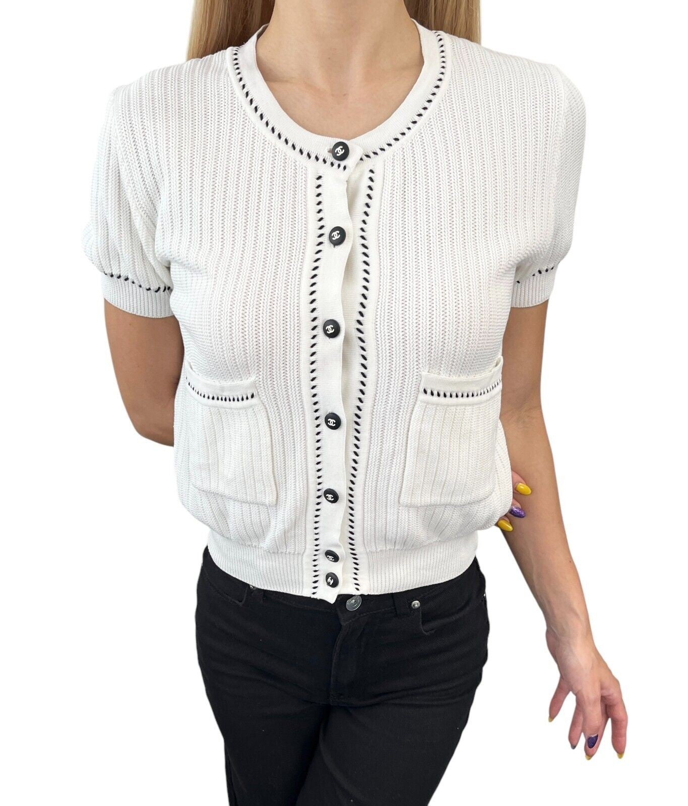CHANEL Vintage 96P CC Logo Rib Knit Cardigan Top #40 Short Sleeve White Cotton