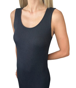 CHANEL Vintage 97P CC Logo Ribbed Long Dress #40 Sleeveless Black Rayon Button