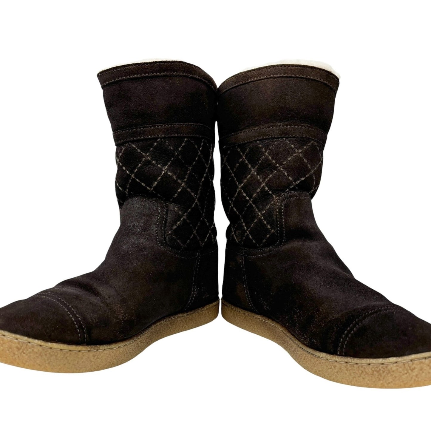 CHANEL Vintage CC Mark Logo Mid Calf Boots #39.5 Stitch Dark Brown Cream Suede
