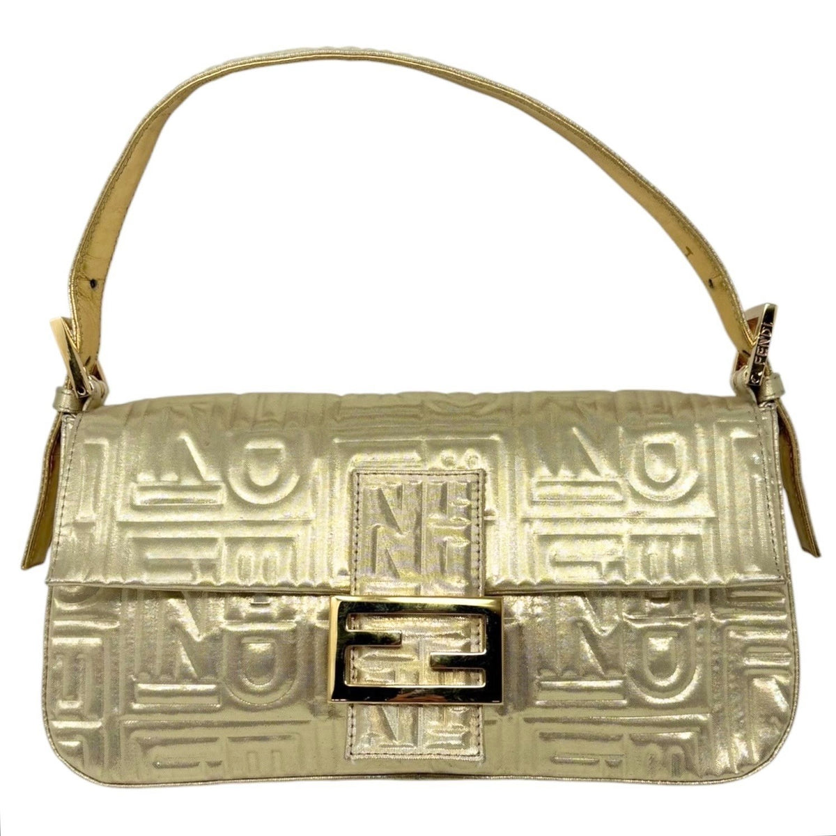 FENDI Vintage FF Logo Embossed Mamma Baguette Shoulder Bag Gold Nylon 902315