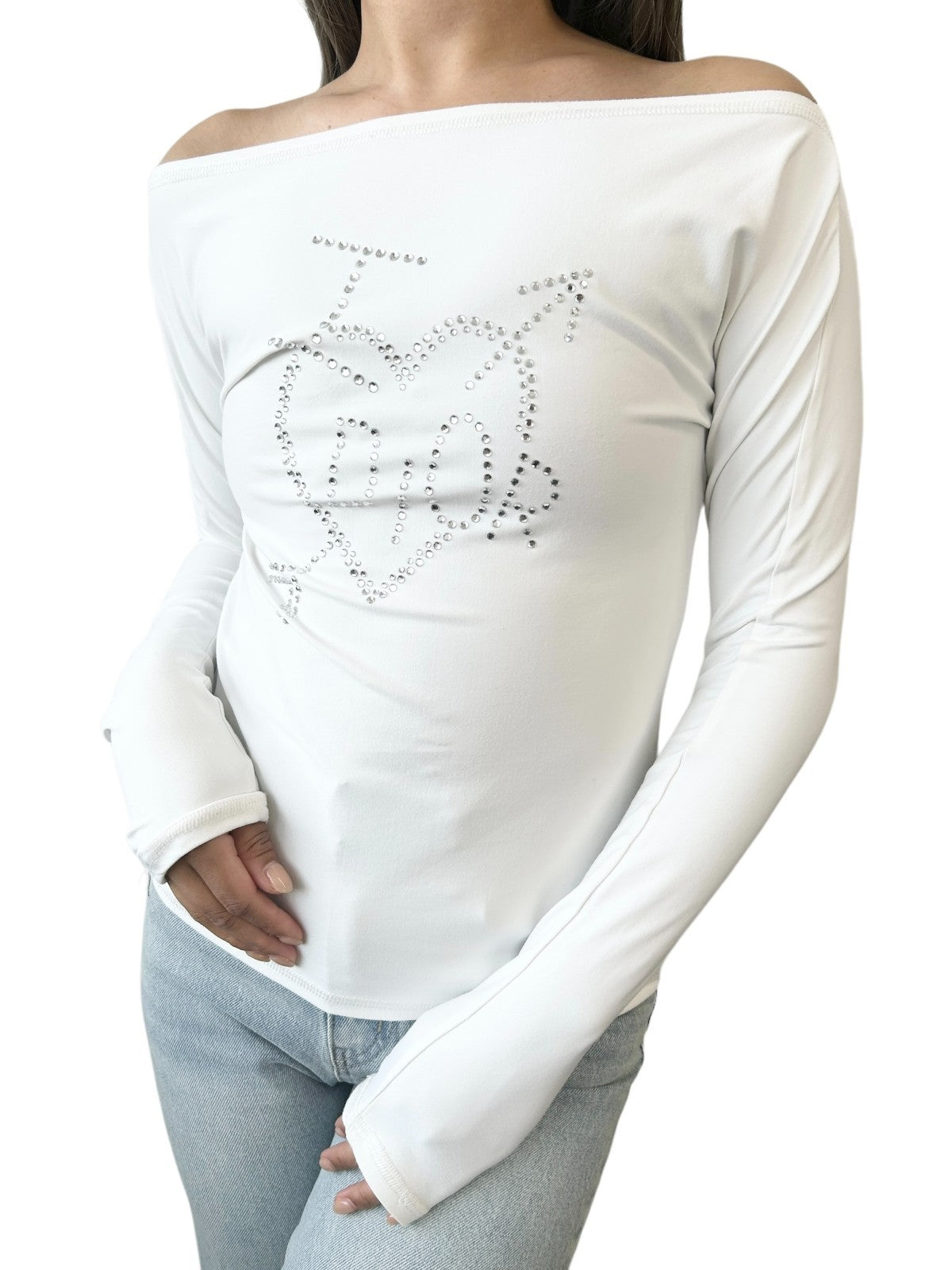 Christian Dior Vintage I Love Logo Rhinestone Top Off Shoulder #38 White Nylon