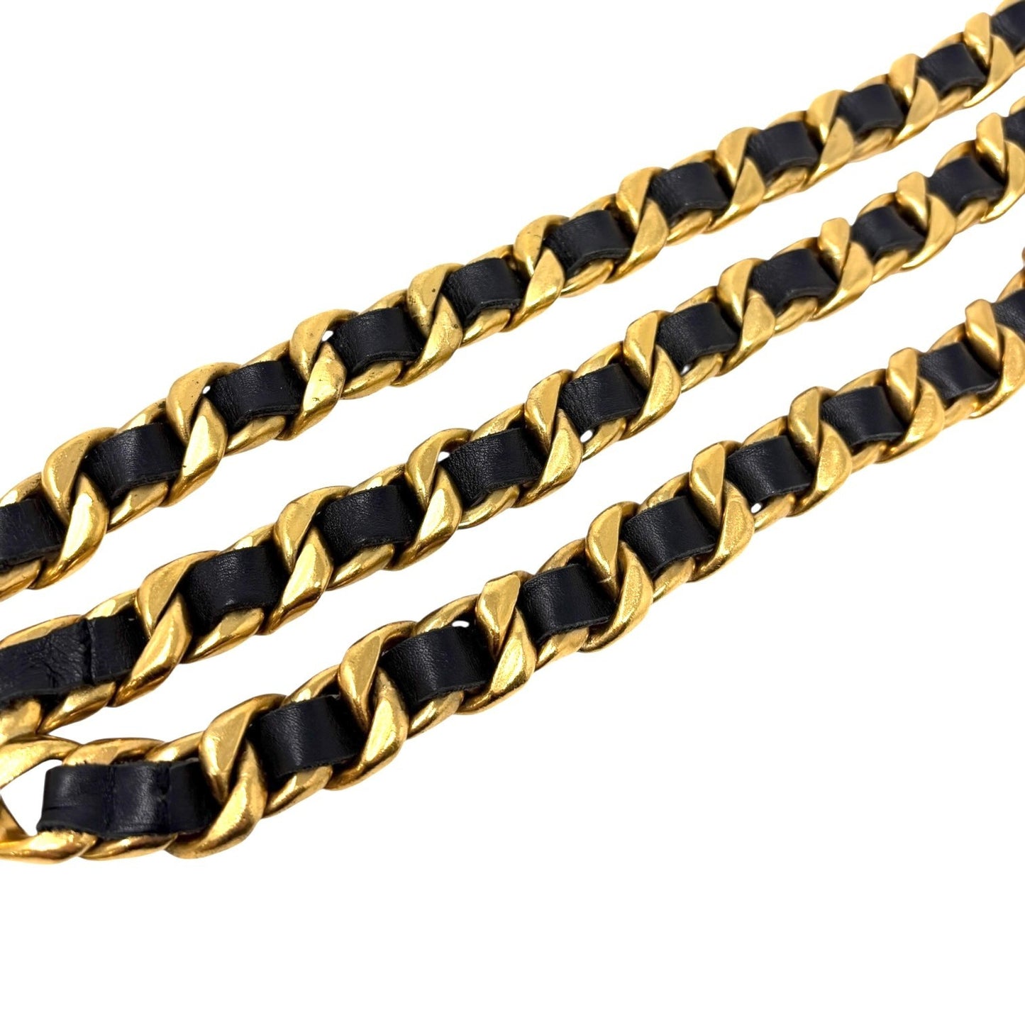 CHANEL Vintage 94P CC Mark Logo Chain Belt Gold Black Metal Leather