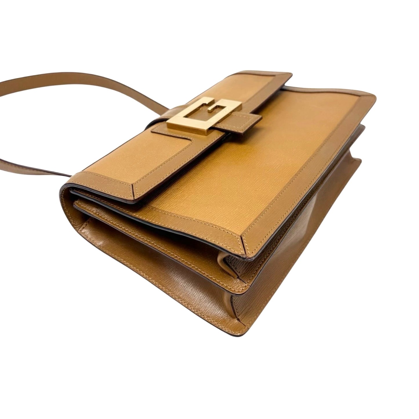 GUCCI Vintage G Square Logo Shoulder Bag Brown Camel Gold Leather Rectangle