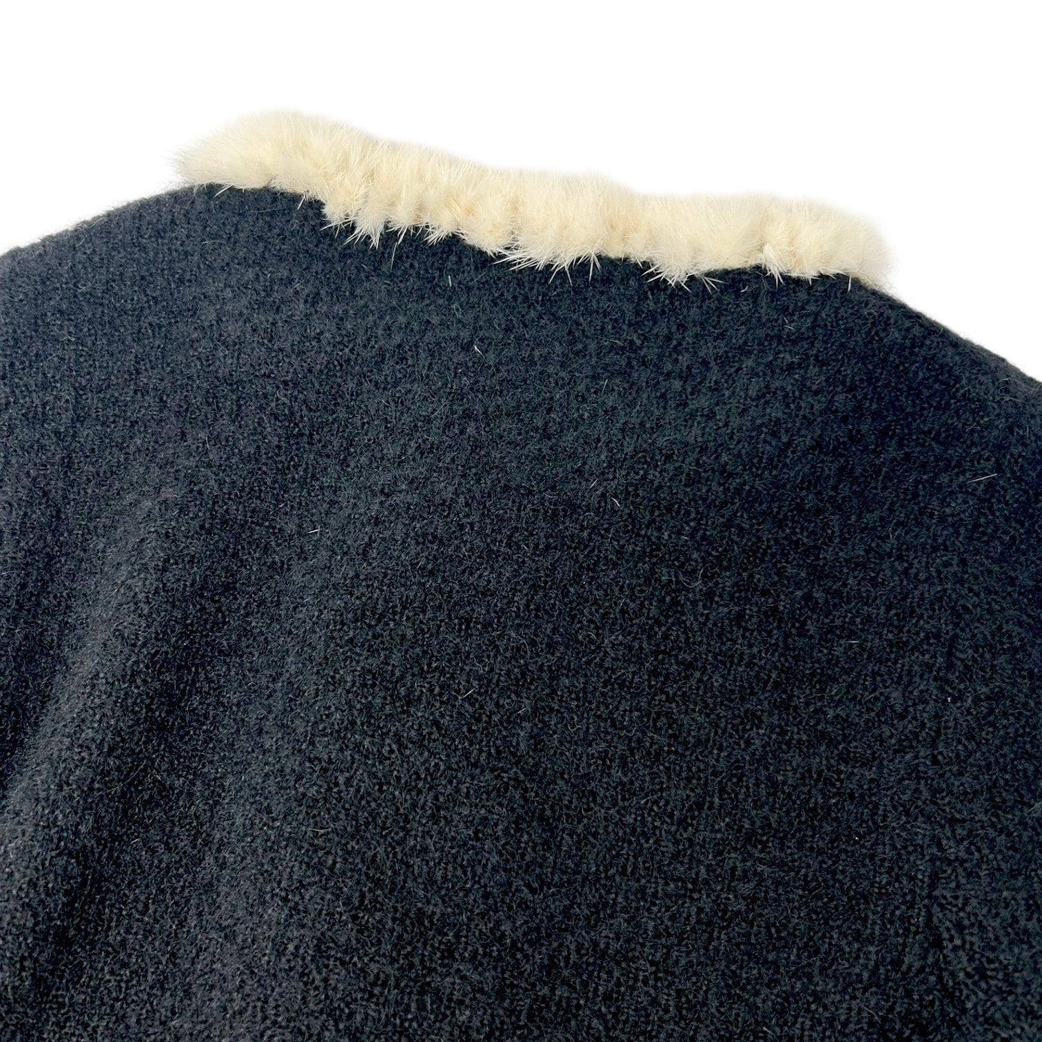 CHANEL Vintage 03A CC Logo Mohair Knit Fur Jacket Pocket Button #38 Black Cream