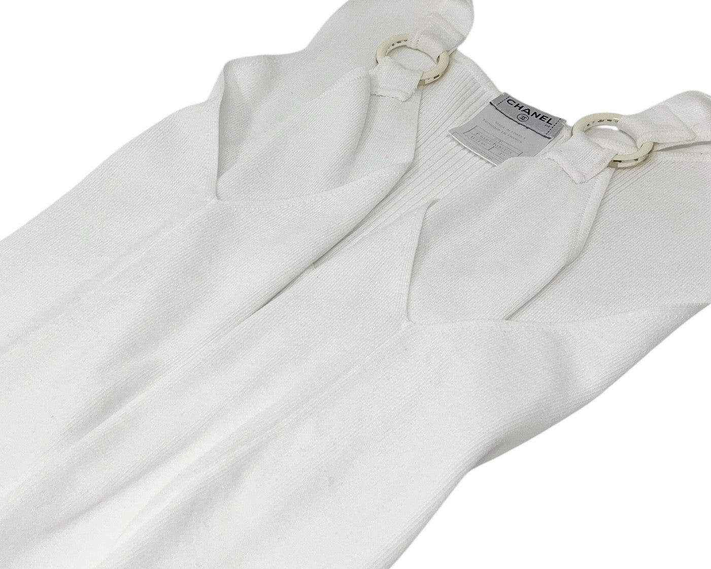 CHANEL Vintage 07P CC Logo Knit Tank #42 Camisole Rib Top White Cotton