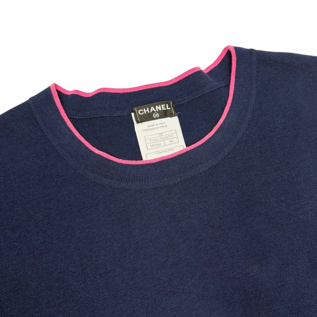 CHANEL Vintage 08P CC Logo Cashmere Knit Top #46 Dark Blue Pink Gray 902453