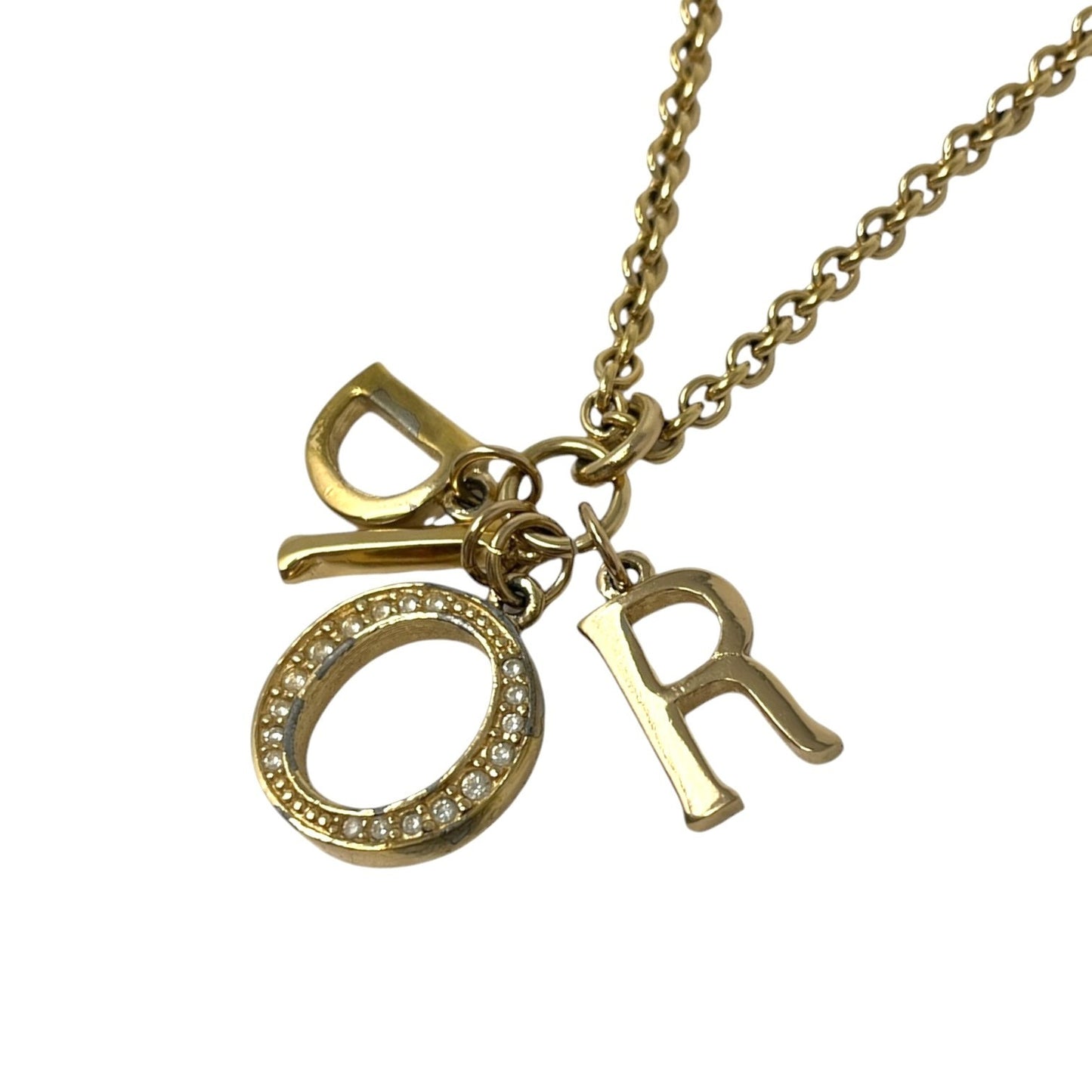 Christian Dior Vintage CD Logo Rhinestone Pendant Necklace Gold Metal 901973