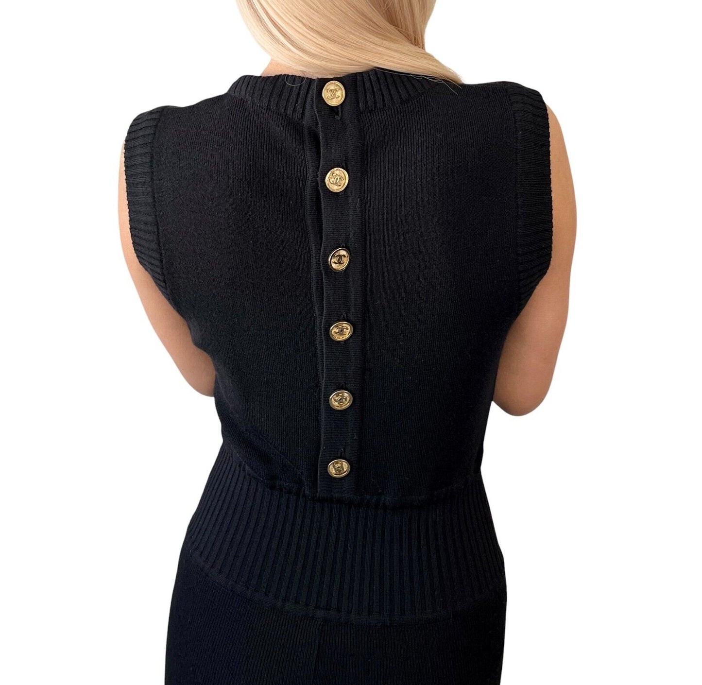CHANEL Vintage CC Mark Logo Knit Jumpsuit Rompers Sleeveless Button Black Wool