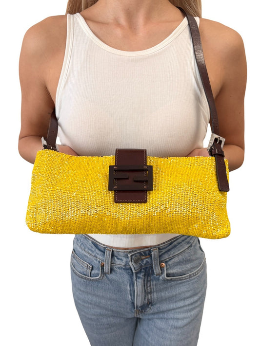 FENDI Vintage FF Logo Beads Mamma Baguette Crossbody Shoulder Bag Yellow Brown